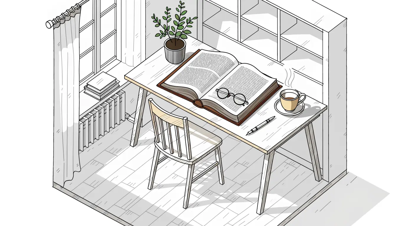 Schreibtisch mit aufgeschlagenem Rechtsbuch, Lesebrille und Kaffeetasse im Morgenlicht.