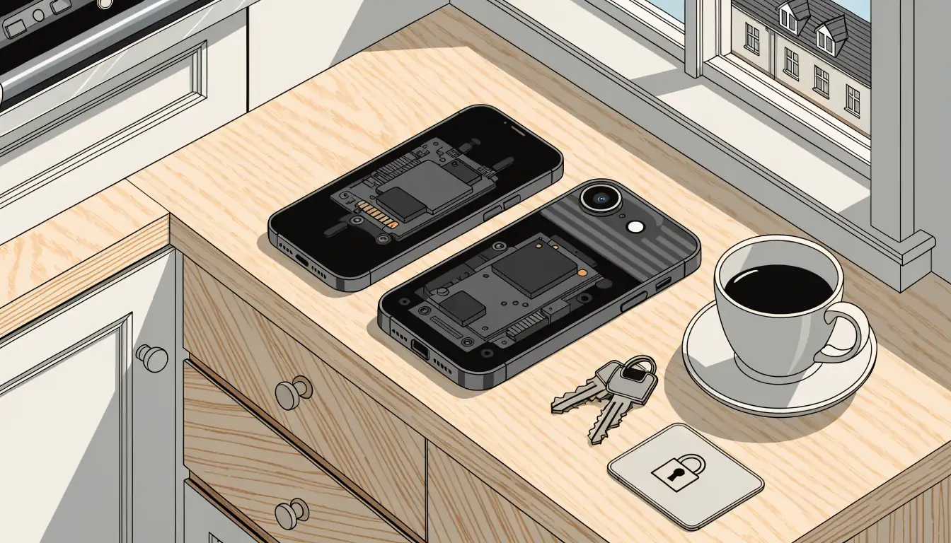 Zwei Smartphones mit Vorhängeschloss auf einer Anrichte