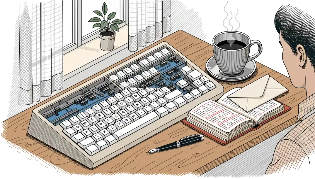 Ein hölzerner Schreibtisch mit Tastatur, Adressbuch und Briefumschlag im warmen Tageslicht
